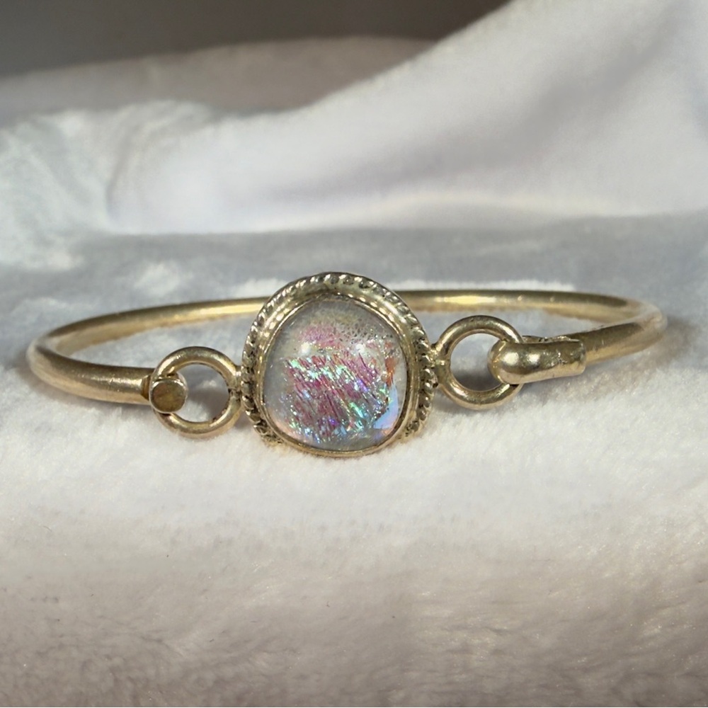 Gorgeous Hinged Bangle Sterling Silver Bracelet with Opal Glass